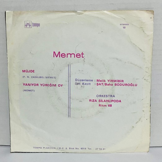 memet  & ritm 68 ork. - müjde - yanıyor yüreğim oy 45 lik plak 