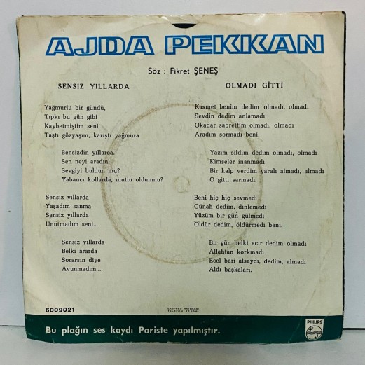 ajda pekkan - sensiz yıllarda - olmadı gitti 45 lik plak 