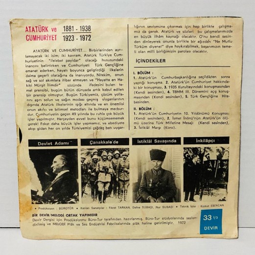 cumhuriyetin 50. yılında atatürk ve cumhuriyet EP plak (33 devir )